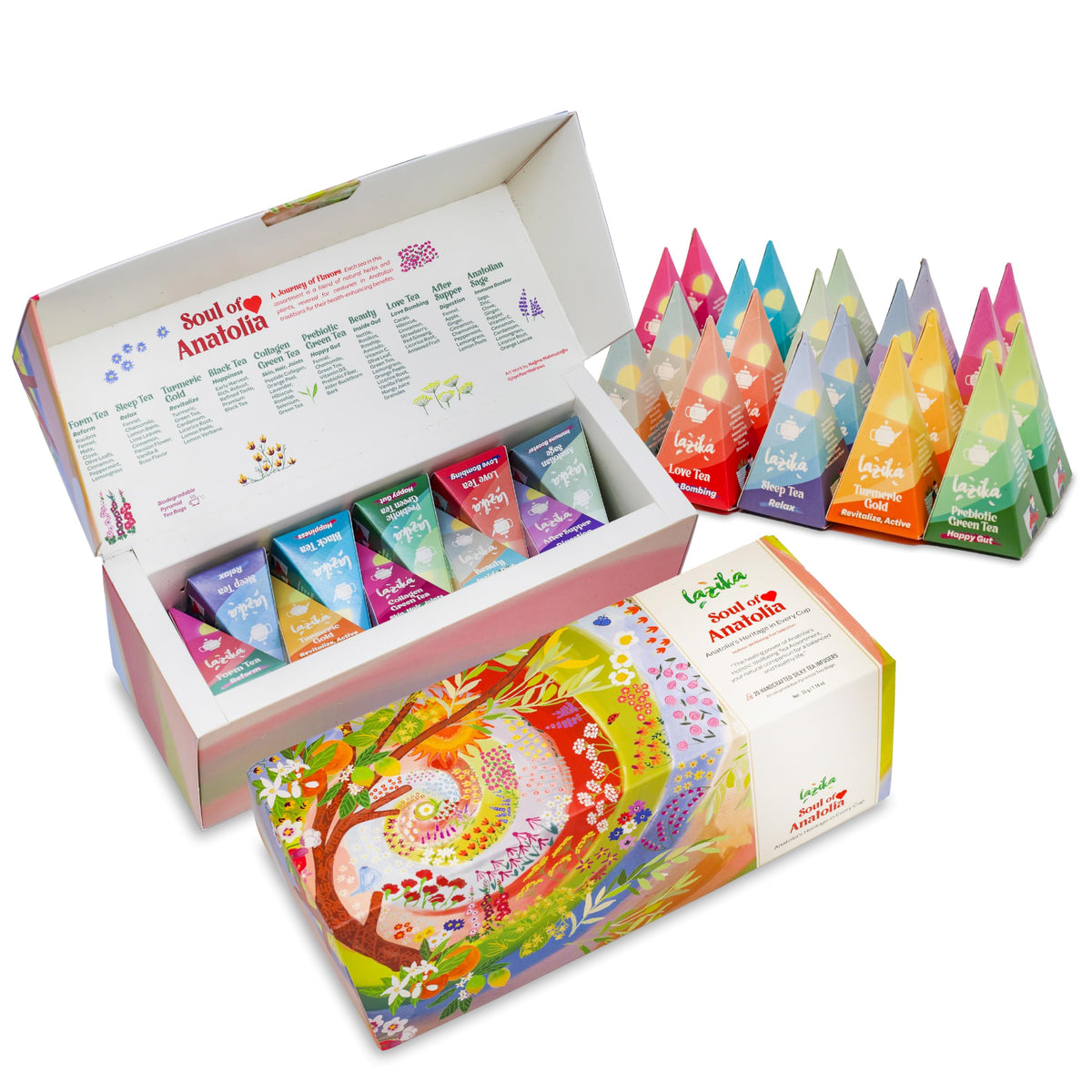 LAZIKA Tea Sampler Gift Set – 20 Pyramid Bags, Four of Each Blend (Black, Green & Herbal)