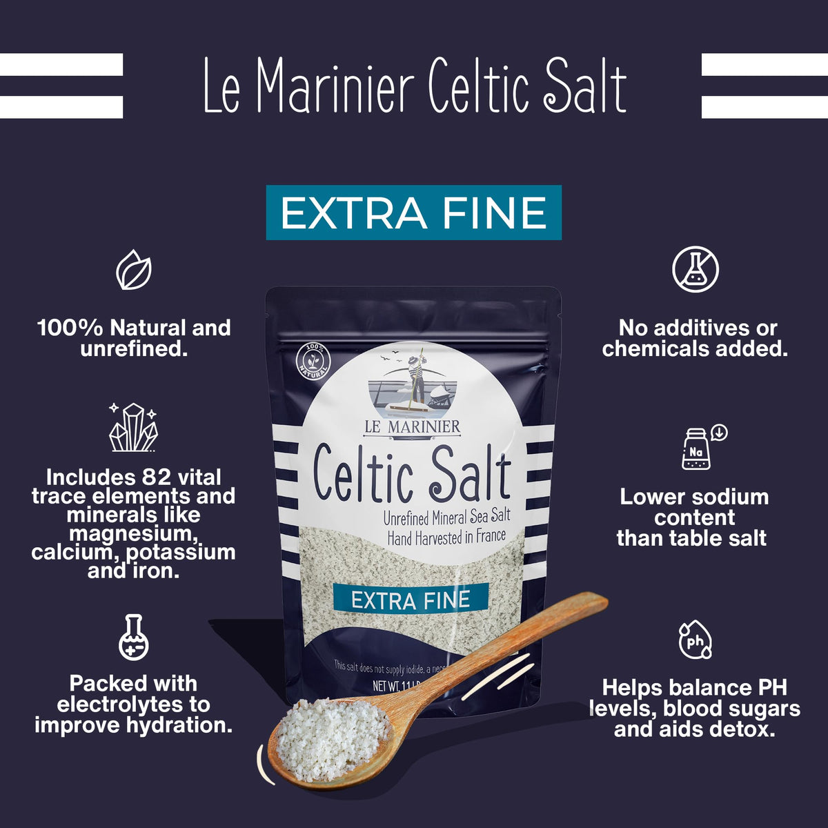 Le Marinier Celtic Salt Organic Extra Fine 1.1lb – 2-Pack | Unrefined French Sea Salt with 82+ Trace Minerals