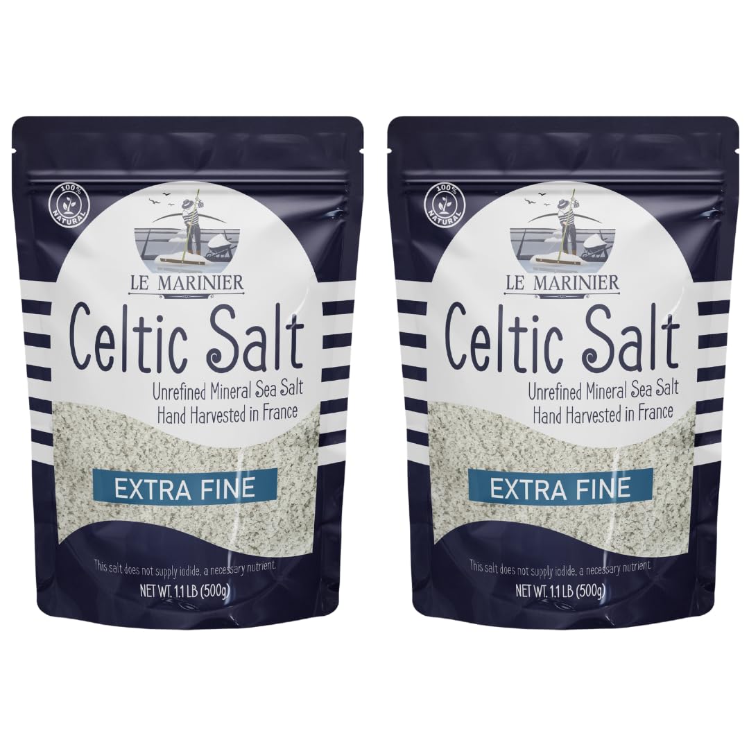 Le Marinier Celtic Salt Organic Extra Fine 1.1lb – 2-Pack | Unrefined French Sea Salt with 82+ Trace Minerals