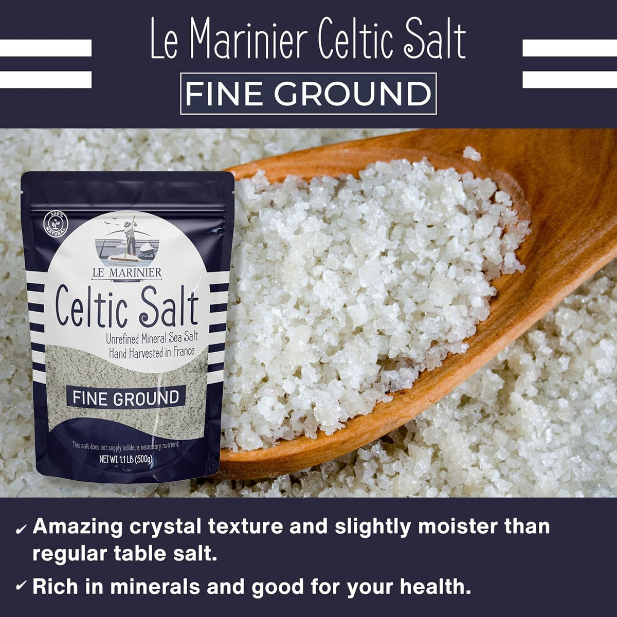 LE MARINIER Celtic Salt Organic Fine Ground 1.1 lb Pack of 2 | Mineral-Rich French Sea Salt