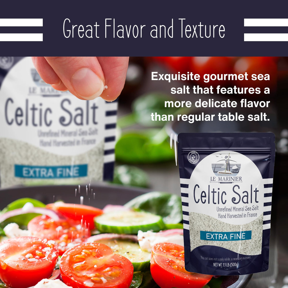 Le Marinier Celtic Salt Organic Extra Fine 1.1lb – 2-Pack | Unrefined French Sea Salt with 82+ Trace Minerals