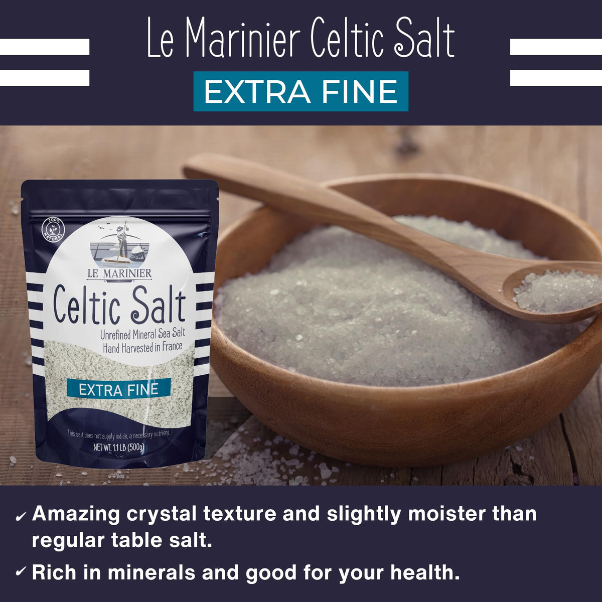 Le Marinier Celtic Salt Organic Extra Fine 1.1lb – 2-Pack | Unrefined French Sea Salt with 82+ Trace Minerals