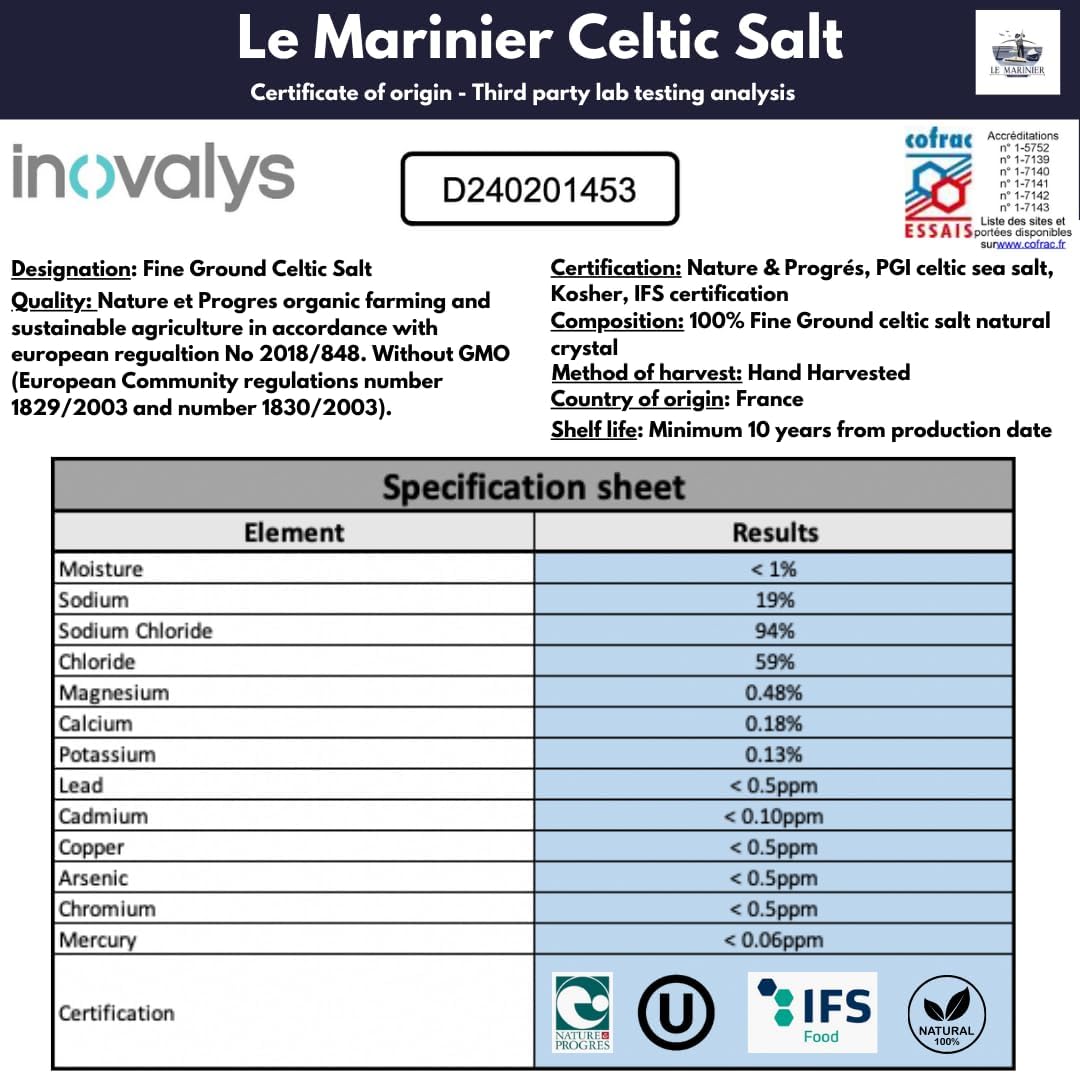 LE MARINIER Celtic Salt Organic Fine Ground 1.1 lb Pack of 2 | Mineral-Rich French Sea Salt
