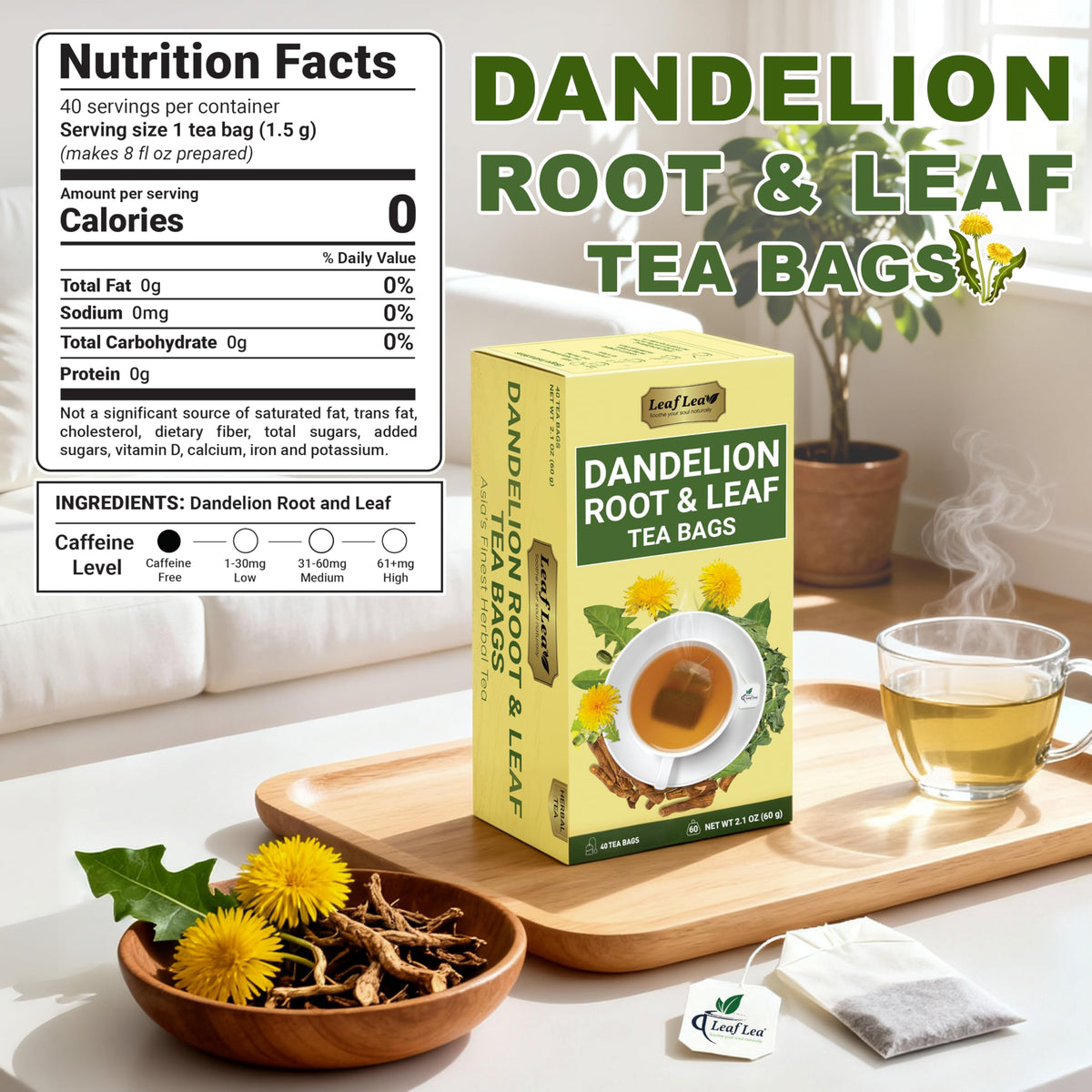 LeafLea 80 Dandelion Root & Leaf Tea Bags – Caffeine-Free, Vegan (2 Pack)