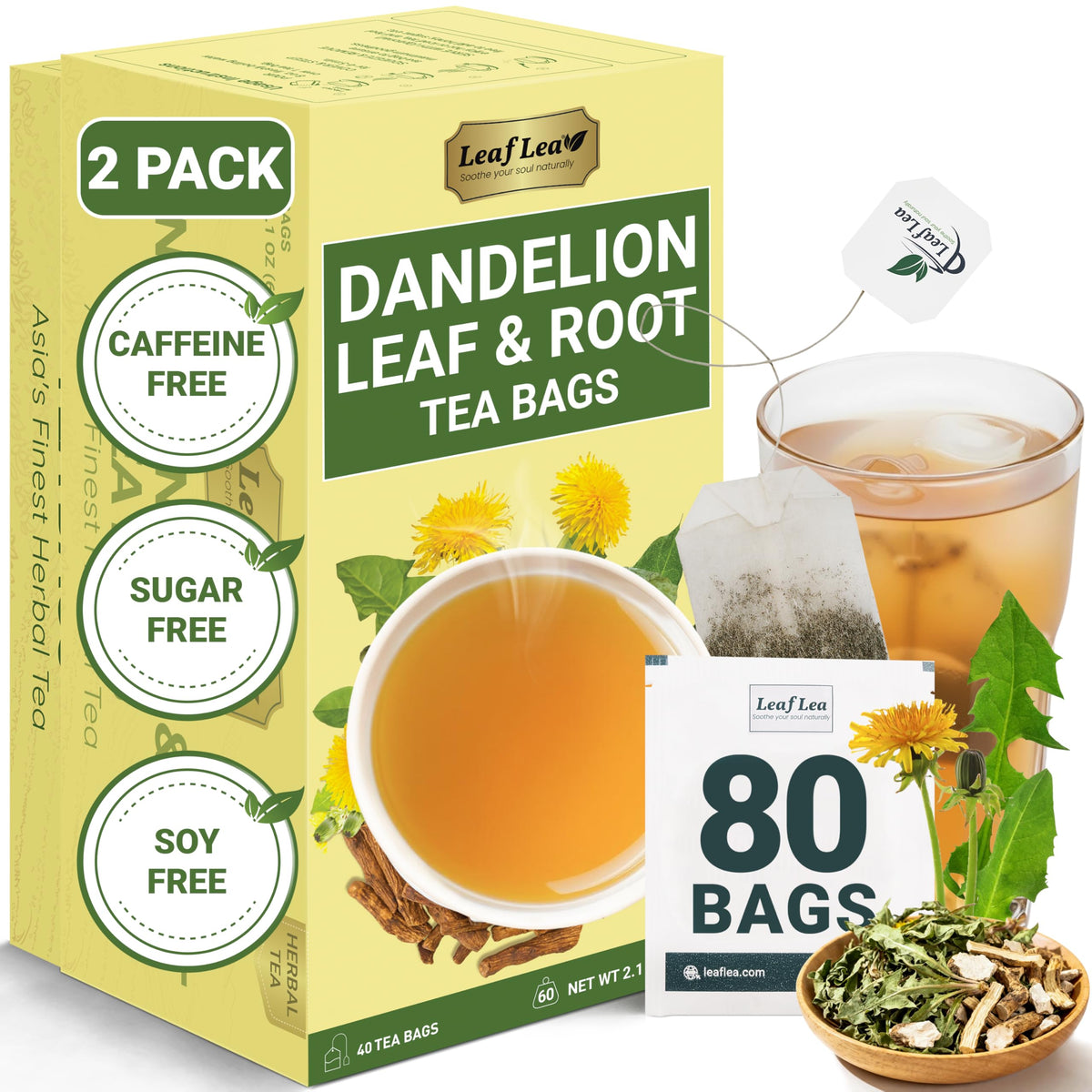 LeafLea 80 Dandelion Root & Leaf Tea Bags – Caffeine-Free, Vegan (2 Pack)