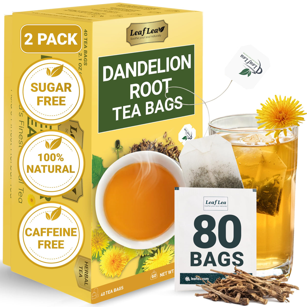 LeafLea 80 Dandelion Tea Bags – All Natural Dandelion Root Tea, Caffeine-Free, 2-Pack