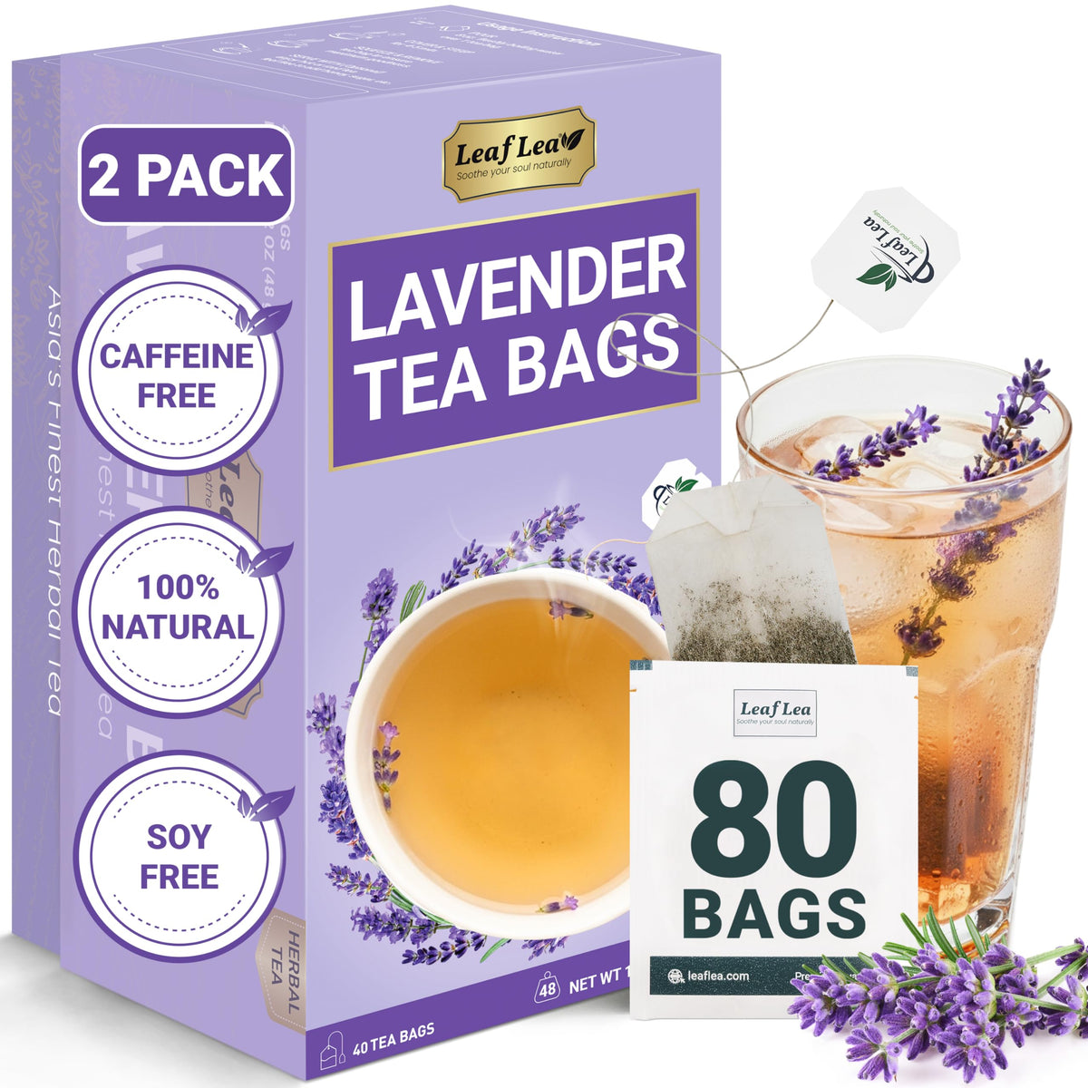 LeafLea 80 Premium Lavender Tea Bags – 100% Natural Lavender, Caffeine-Free, Nighttime Comfort