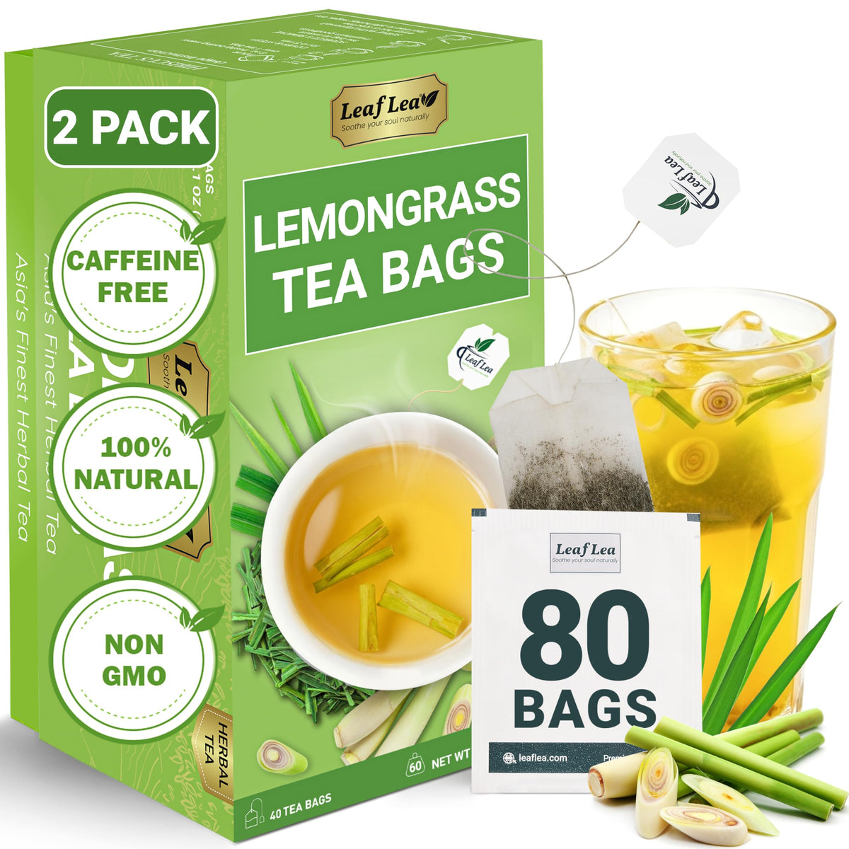 LeafLea 80 Premium Lemongrass Tea Bags – 100% Lemongrass, Caffeine-Free, Ind idually Wrapped