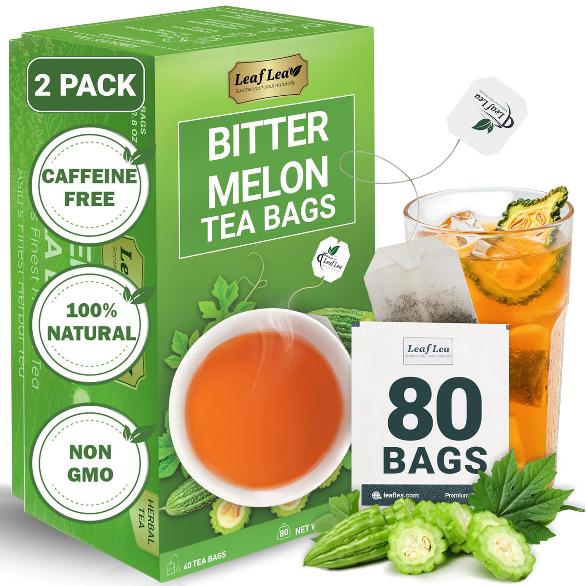 LeafLea 80 Bitter Melon Tea Bags (2-Pack) – Premium Dried Bitter Melon Herbal Tea | Caffeine-Free, Sugar-Free, Vegan