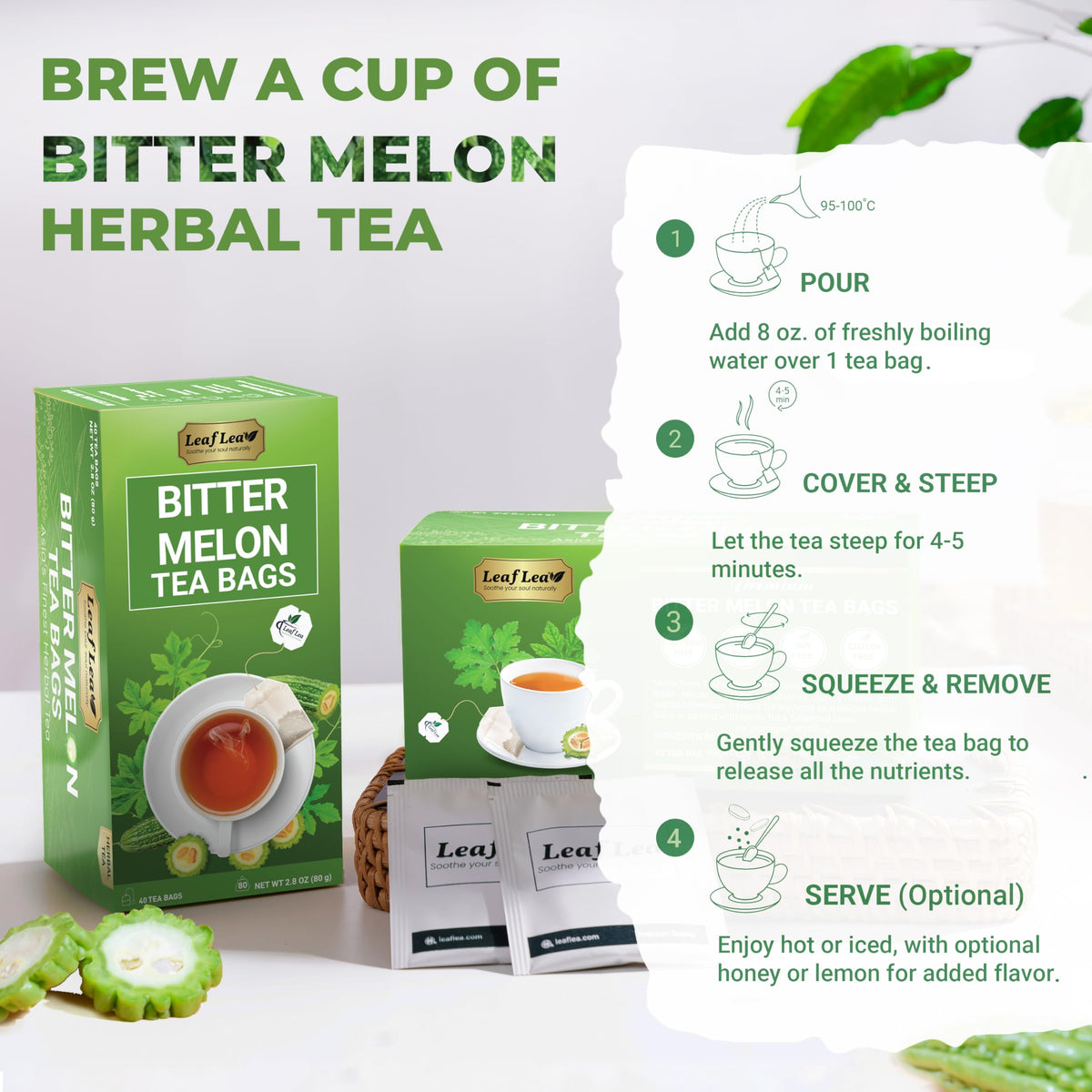 LeafLea 80 Bitter Melon Tea Bags (2-Pack) – Premium Dried Bitter Melon Herbal Tea | Caffeine-Free, Sugar-Free, Vegan