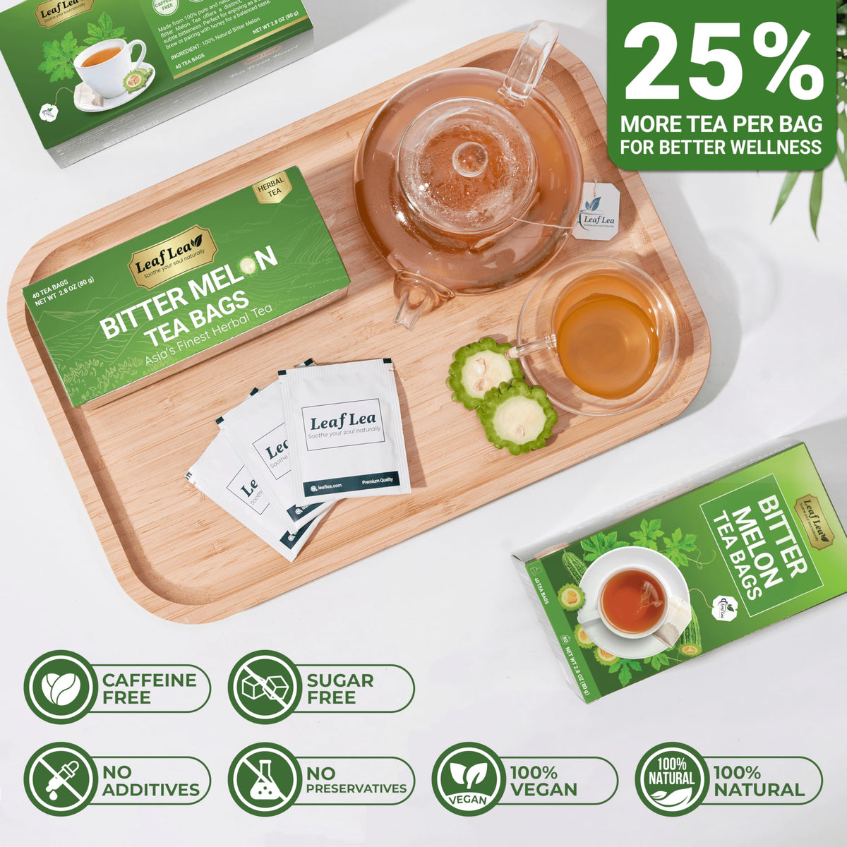 LeafLea 80 Bitter Melon Tea Bags (2-Pack) – Premium Dried Bitter Melon Herbal Tea | Caffeine-Free, Sugar-Free, Vegan