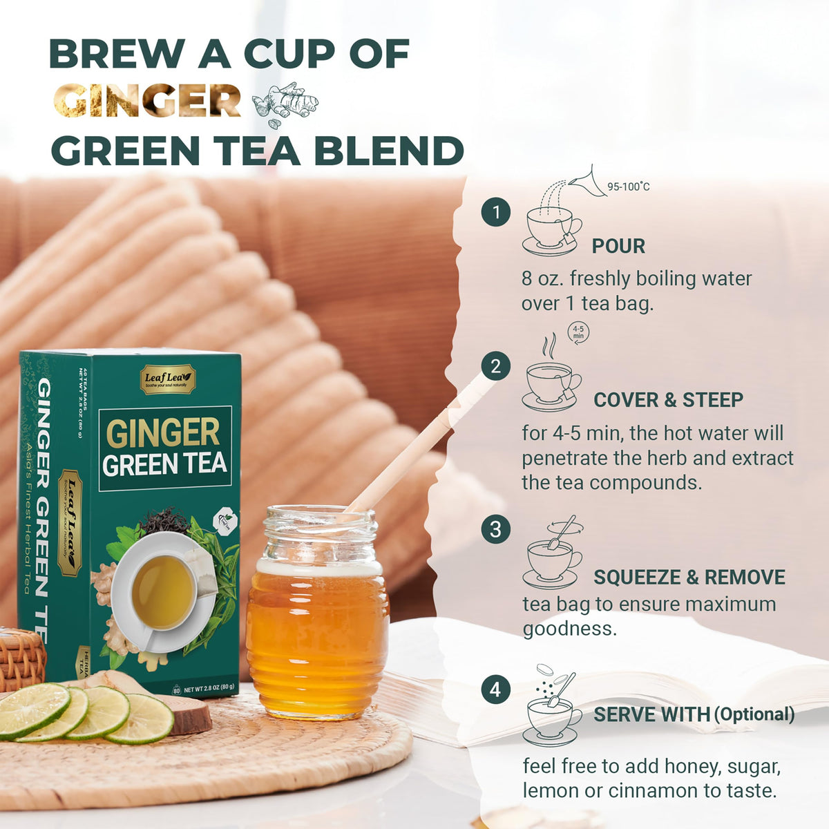 LeafLea Ginger Green Tea – 80 Bags (2 Packs) | Low Caffeine, Gluten-Free