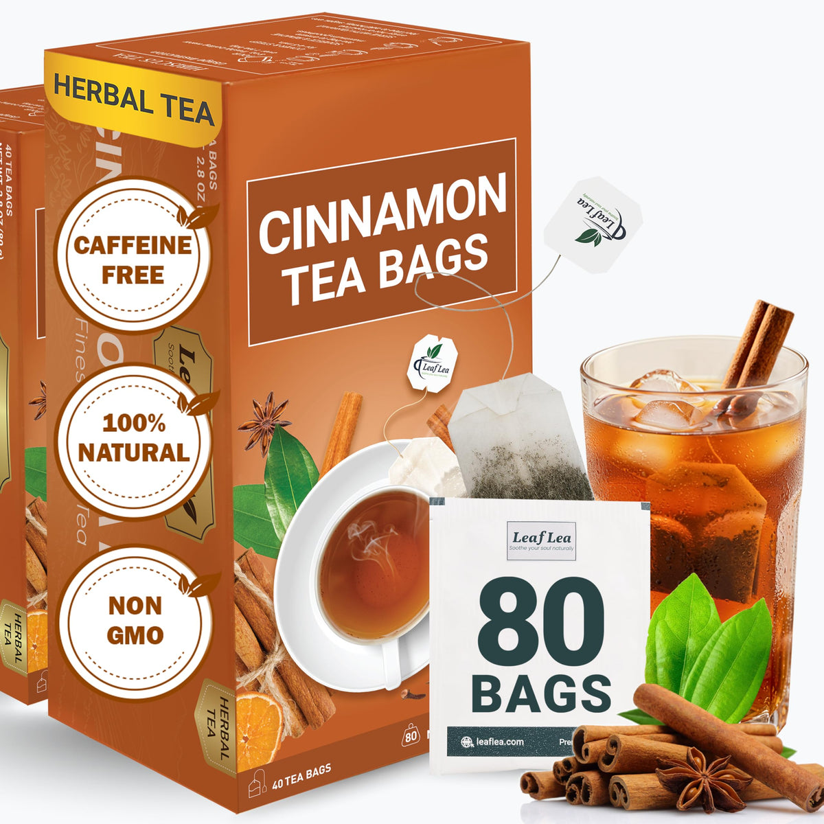 LeafLea Cinnamon Tea Bags - 80 Count (2-Pack) 100% Natural Ground Cinnamon, Caffeine-Free & Vegan