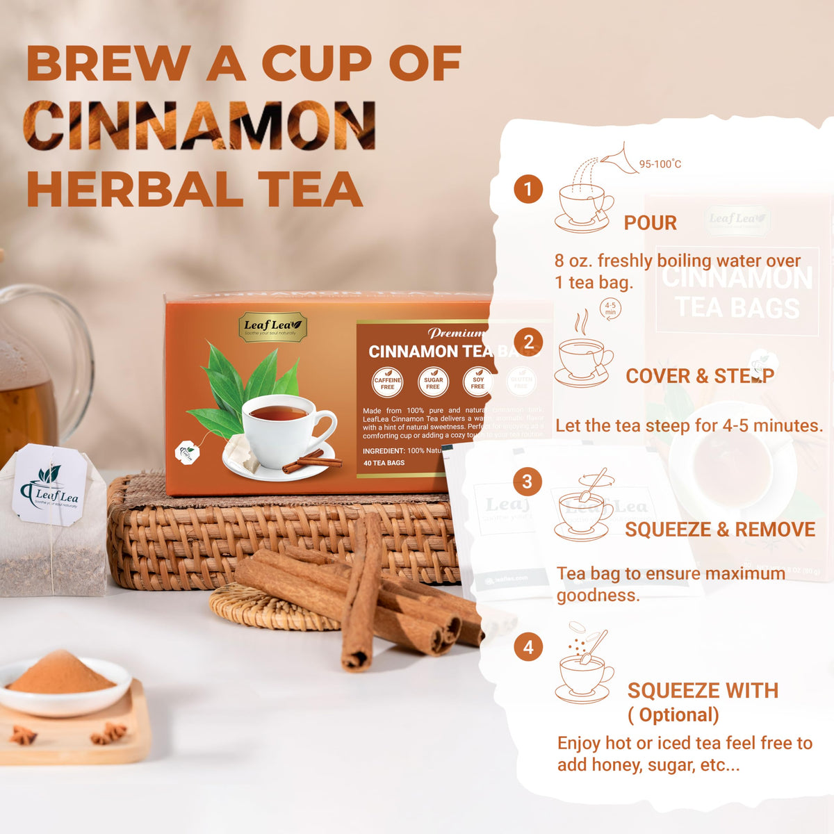 LeafLea Cinnamon Tea Bags - 80 Count (2-Pack) 100% Natural Ground Cinnamon, Caffeine-Free & Vegan