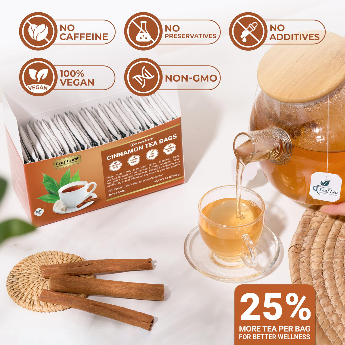 LeafLea Cinnamon Tea Bags - 80 Count (2-Pack) 100% Natural Ground Cinnamon, Caffeine-Free & Vegan