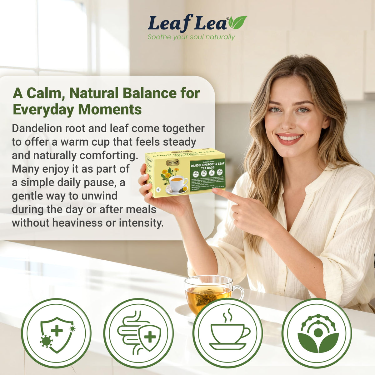 LeafLea 80 Dandelion Root & Leaf Tea Bags – Caffeine-Free, Vegan (2 Pack)