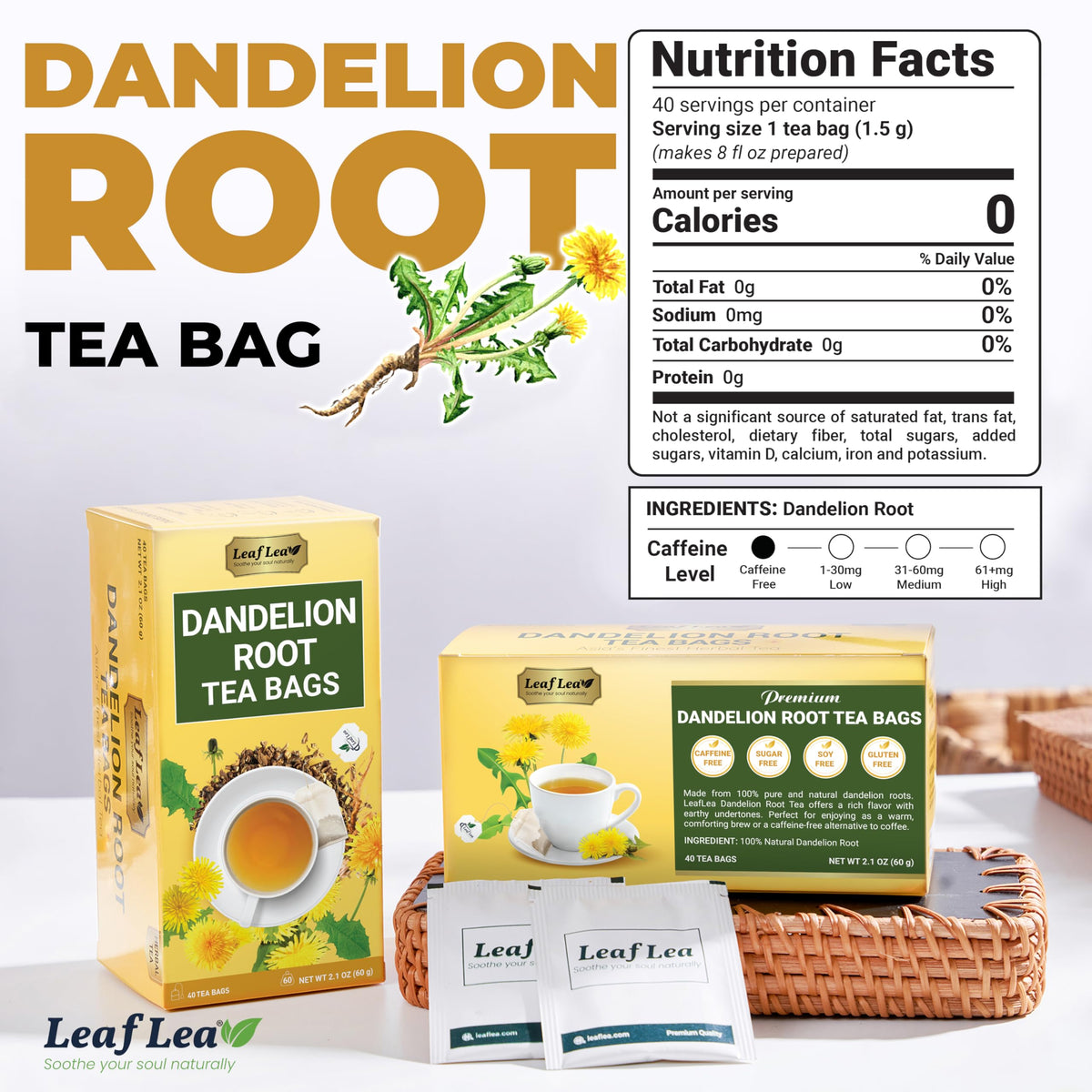 LeafLea 80 Dandelion Tea Bags – All Natural Dandelion Root Tea, Caffeine-Free, 2-Pack