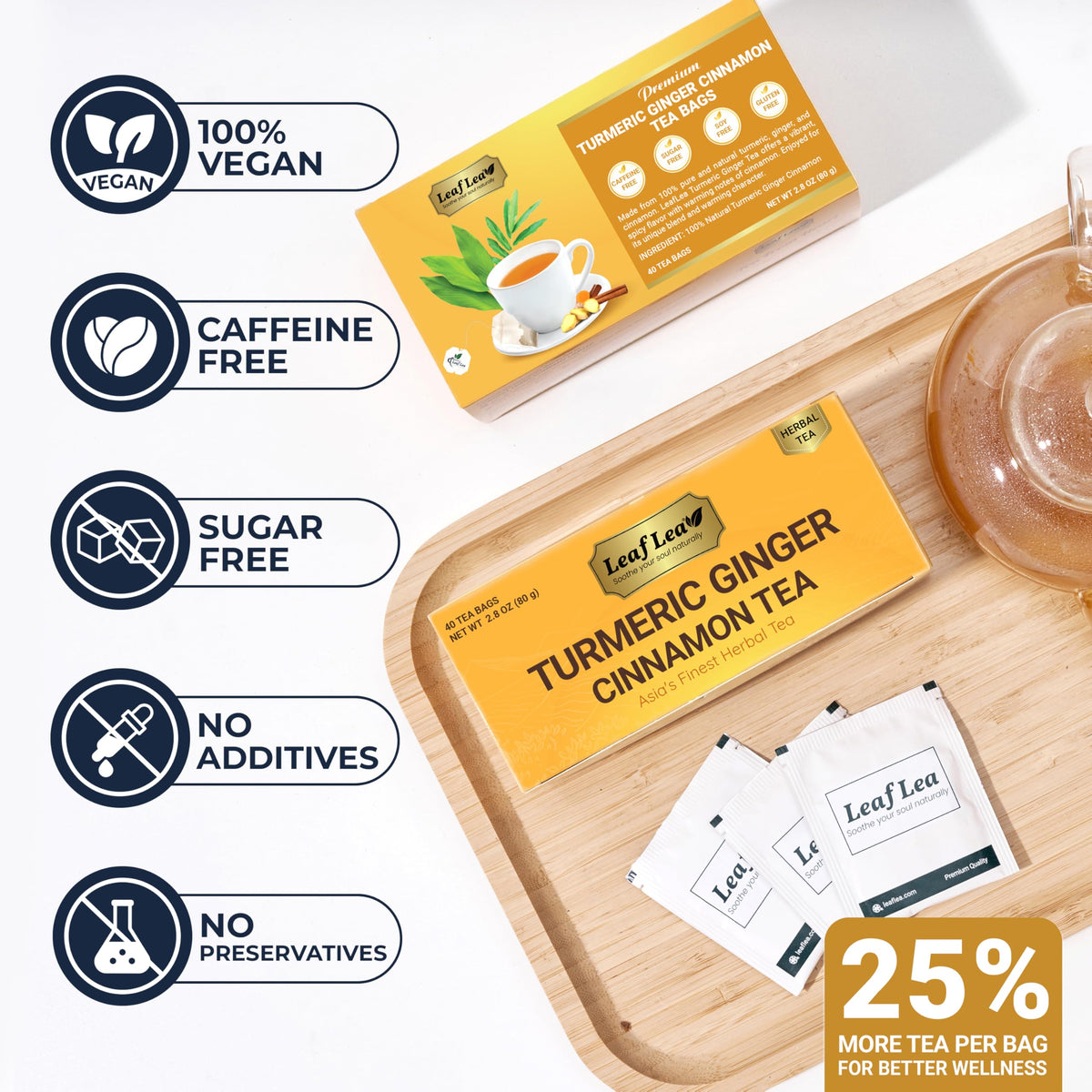 LeafLea Turmeric Tea with Ginger & Cinnamon | 80 Bags, Natural Herbal, Caffeine-Free