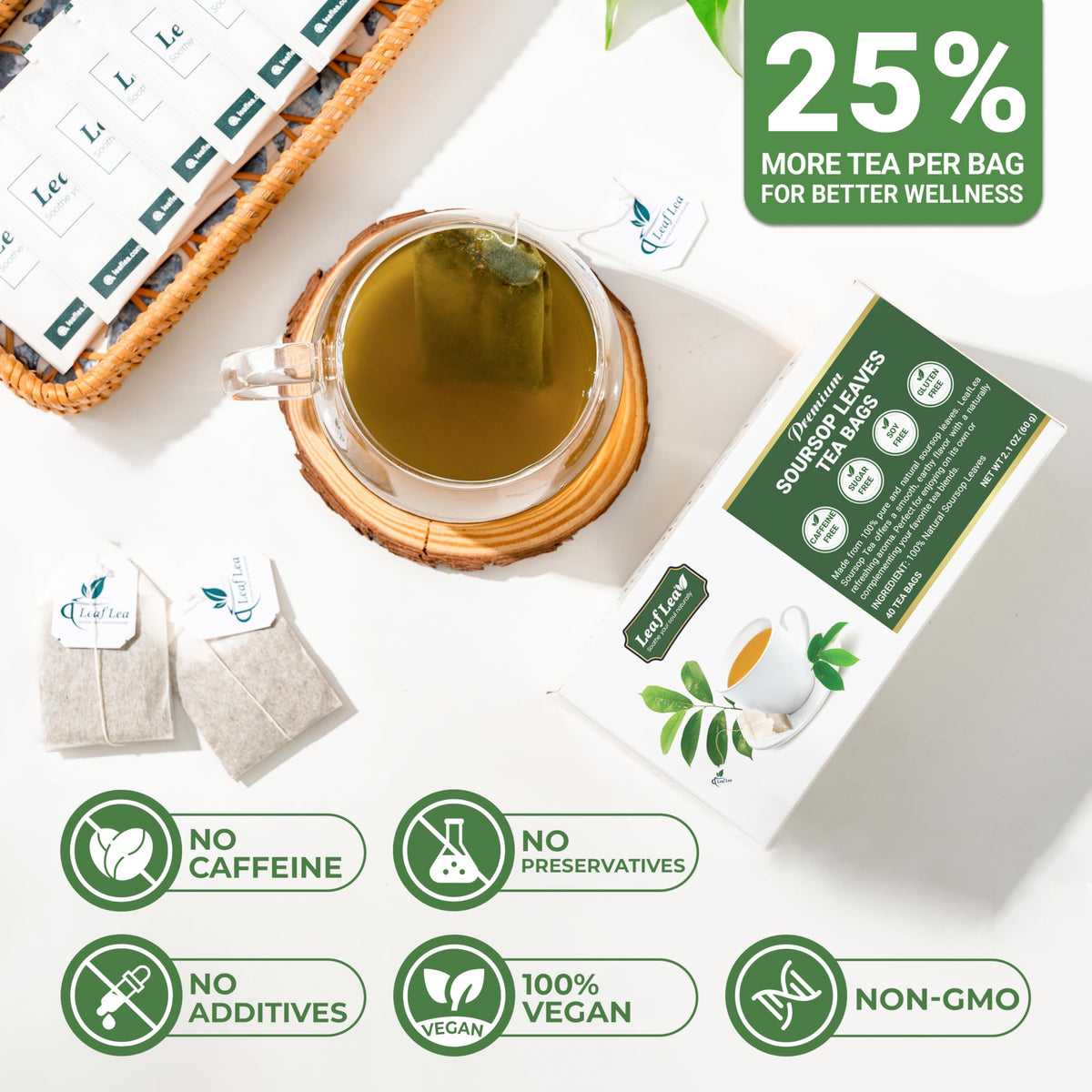 LeafLea 120 Soursop Tea Bags – 100% Pure Graviola Leaves, Caffeine-Free Herbal Tea, Non-GMO, Pack of 3
