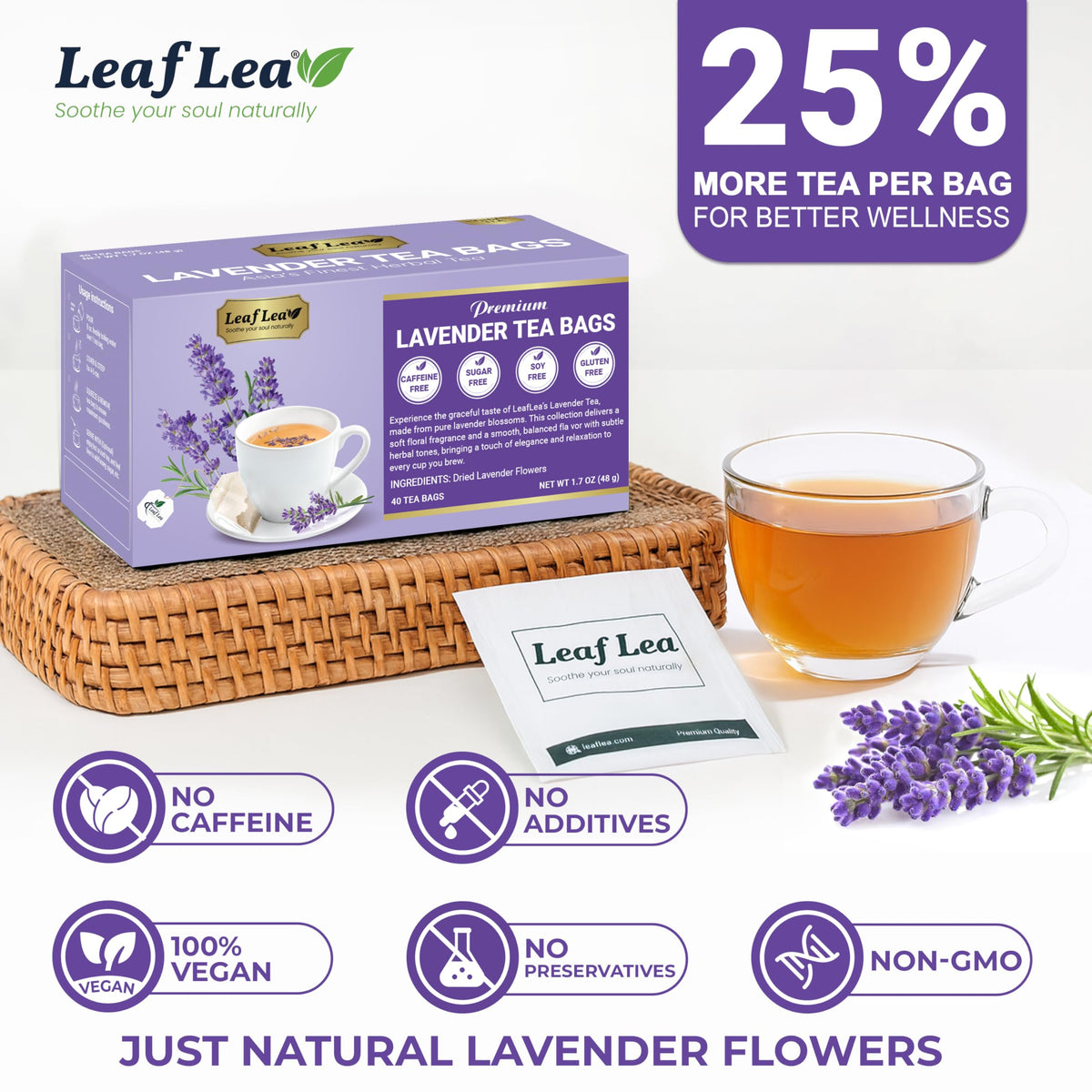 LeafLea 80 Premium Lavender Tea Bags – 100% Natural Lavender, Caffeine-Free, Nighttime Comfort