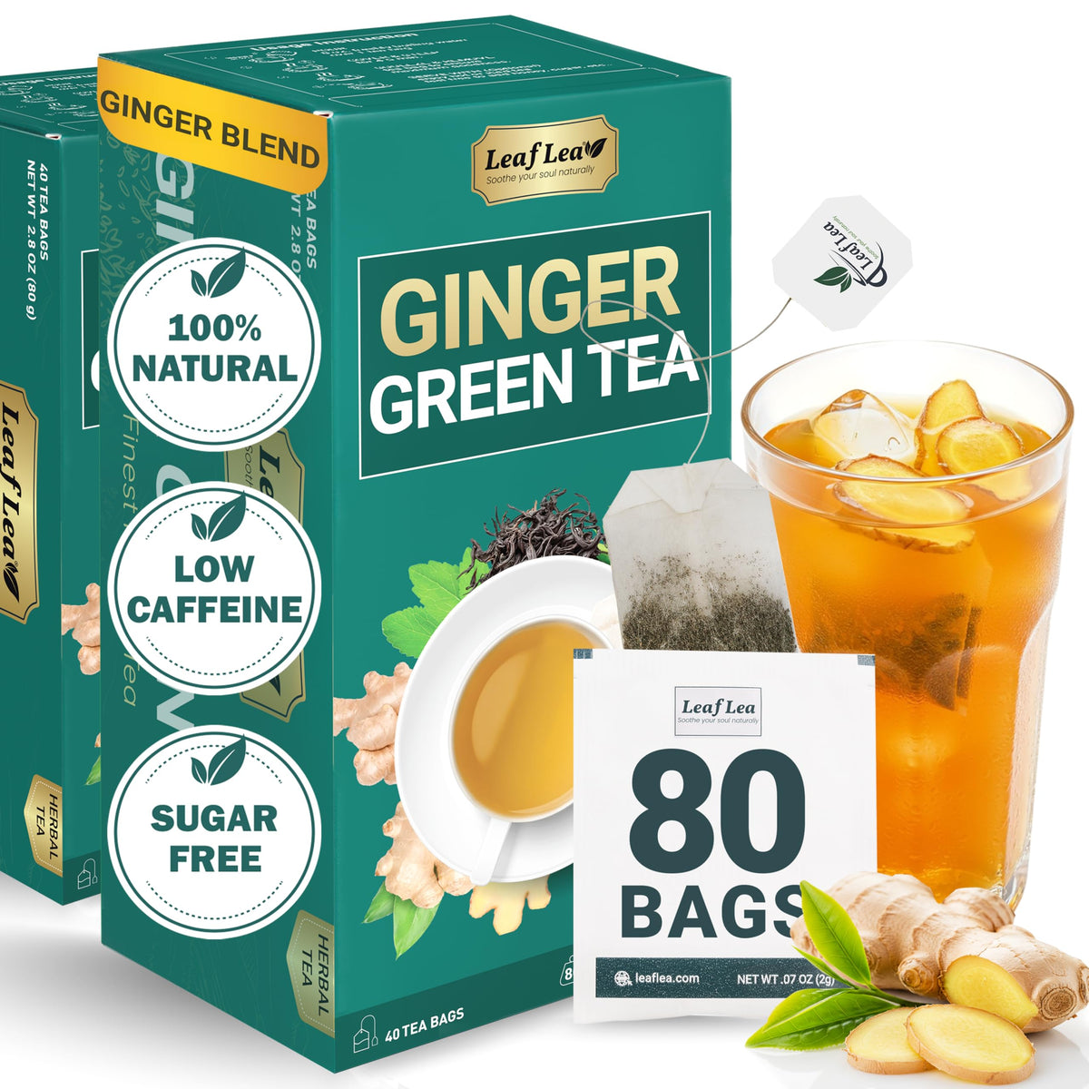LeafLea Ginger Green Tea – 80 Bags (2 Packs) | Low Caffeine, Gluten-Free