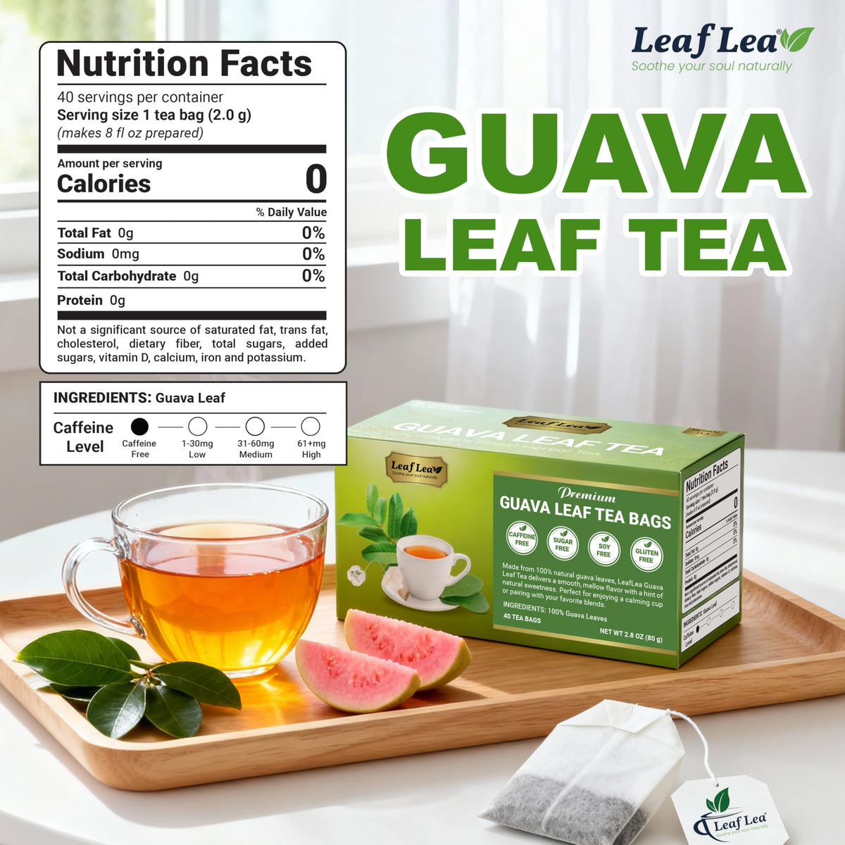 LeafLea Guava Leaf Tea – 80 Fresh-Sealed Tea Bags, Caffeine-Free Digestive Support & Immune Balance