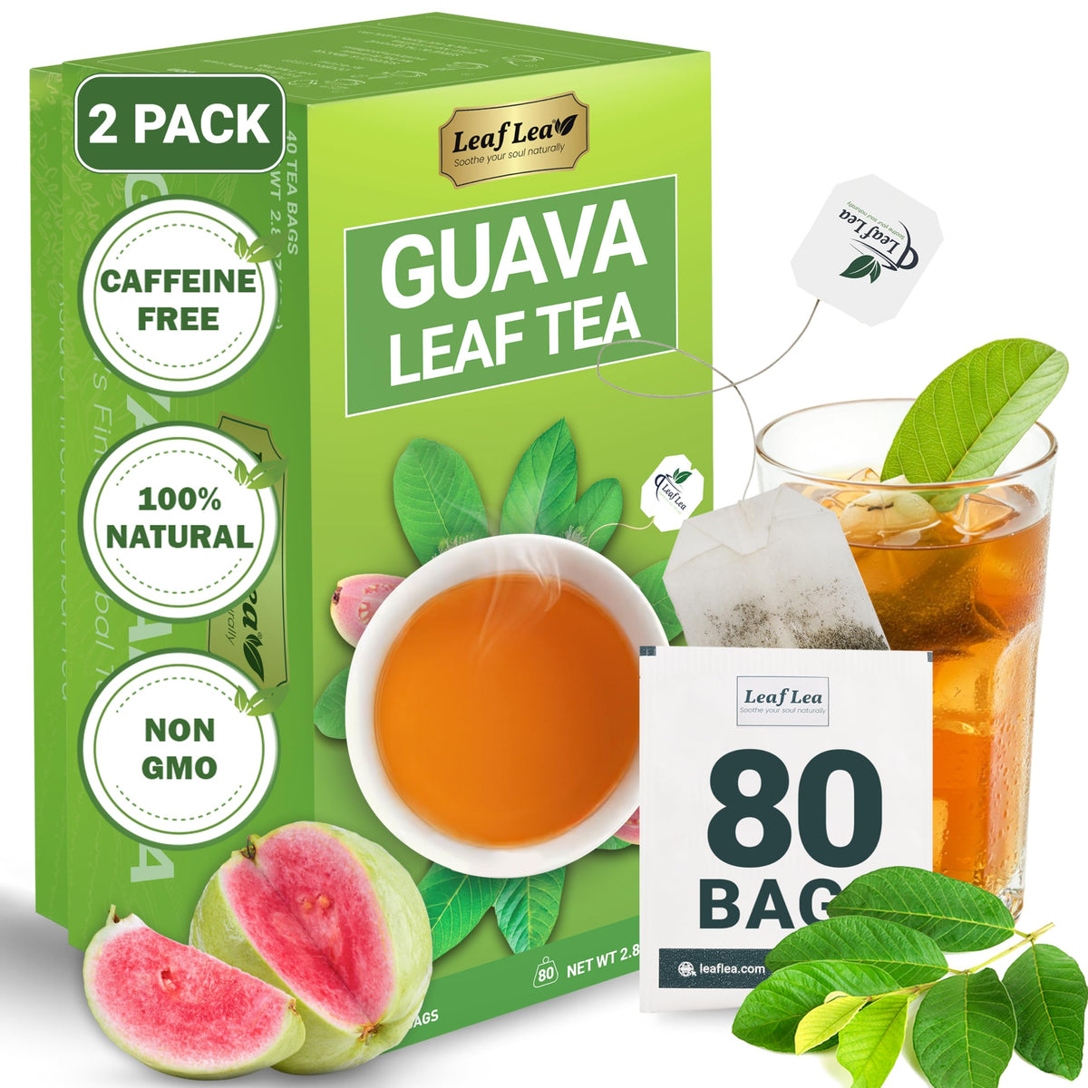 LeafLea Guava Leaf Tea – 80 Fresh-Sealed Tea Bags, Caffeine-Free Digestive Support & Immune Balance