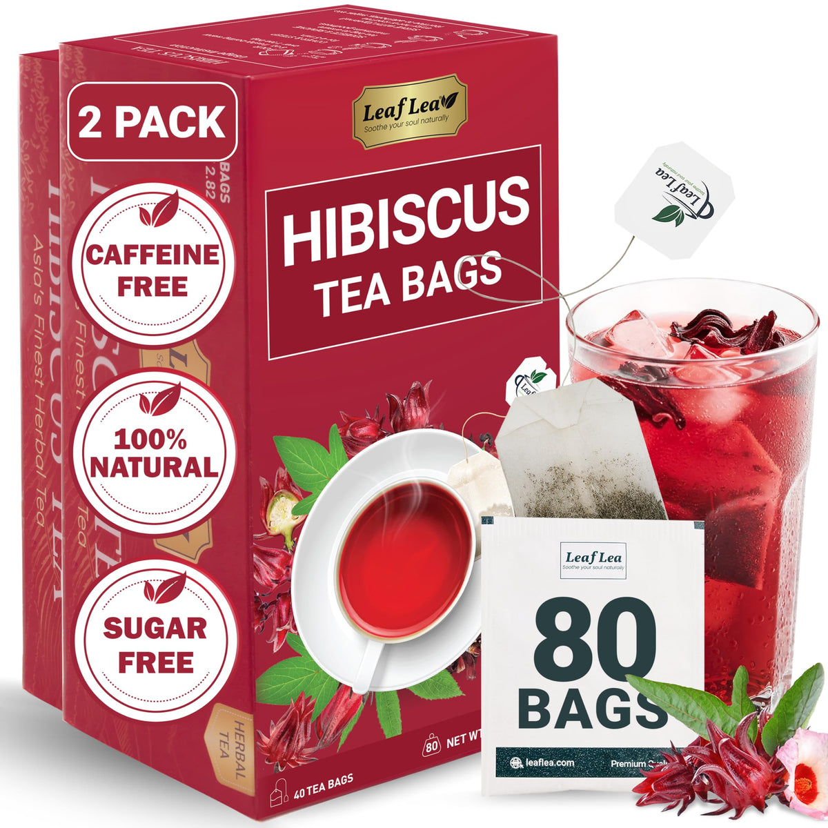 LeafLea Hibiscus Tea Bags (80 Count) – 100% Natural Hibiscus Flowers, Caffeine-Free, Sugar-Free, Non-GMO, Gluten-Free, Vegan (Pack of 2)