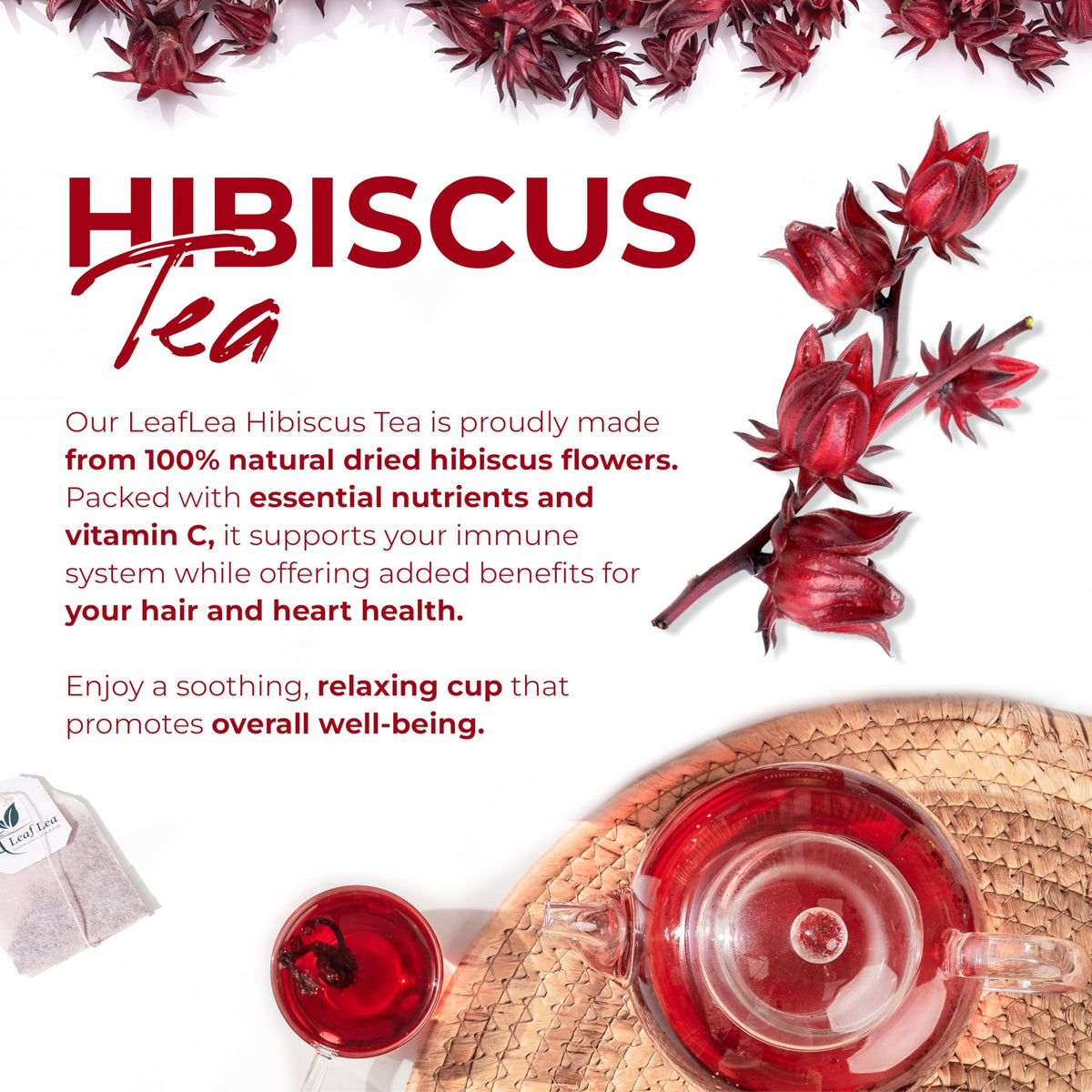 LeafLea Hibiscus Tea Bags (80 Count) – 100% Natural Hibiscus Flowers, Caffeine-Free, Sugar-Free, Non-GMO, Gluten-Free, Vegan (Pack of 2)