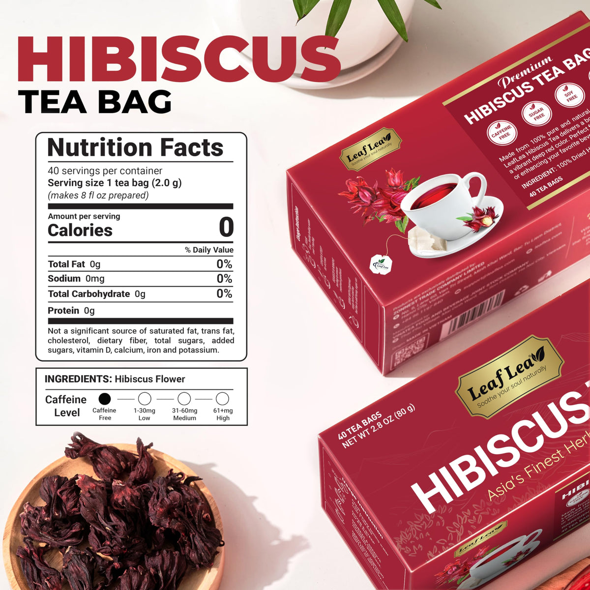 LeafLea Hibiscus Tea Bags (80 Count) – 100% Natural Hibiscus Flowers, Caffeine-Free, Sugar-Free, Non-GMO, Gluten-Free, Vegan (Pack of 2)