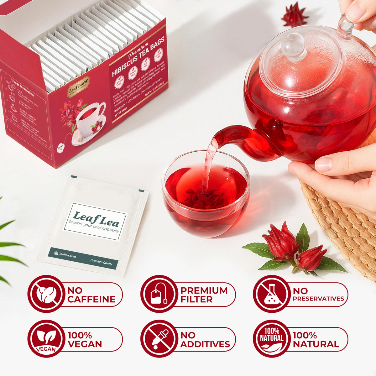 LeafLea Hibiscus Tea Bags (80 Count) – 100% Natural Hibiscus Flowers, Caffeine-Free, Sugar-Free, Non-GMO, Gluten-Free, Vegan (Pack of 2)
