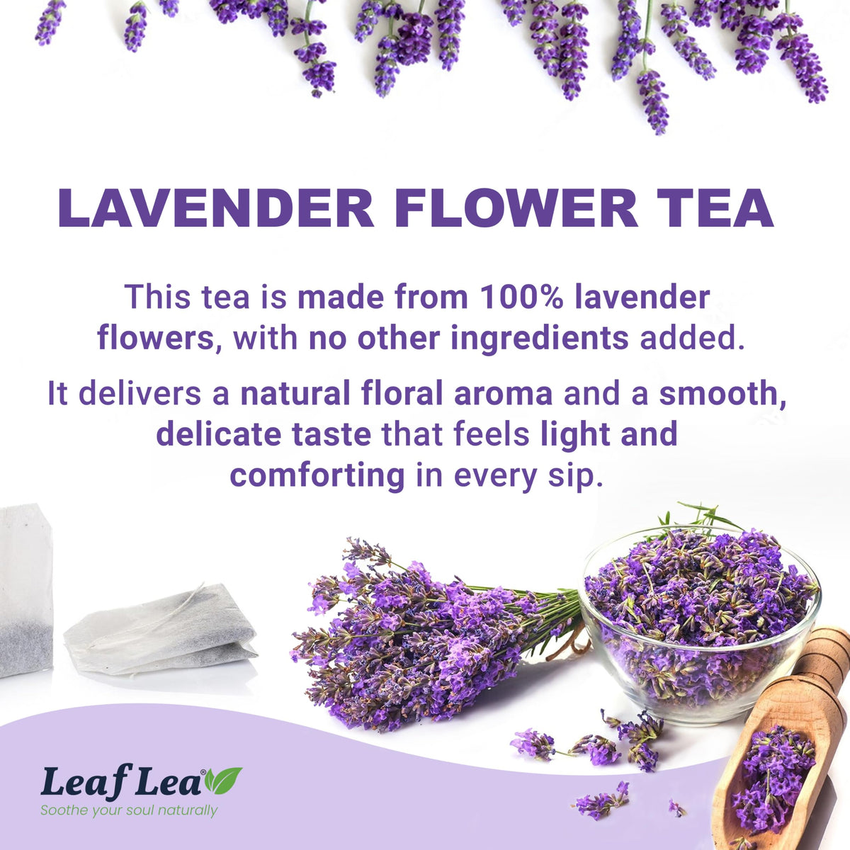 LeafLea 80 Premium Lavender Tea Bags – 100% Natural Lavender, Caffeine-Free, Nighttime Comfort