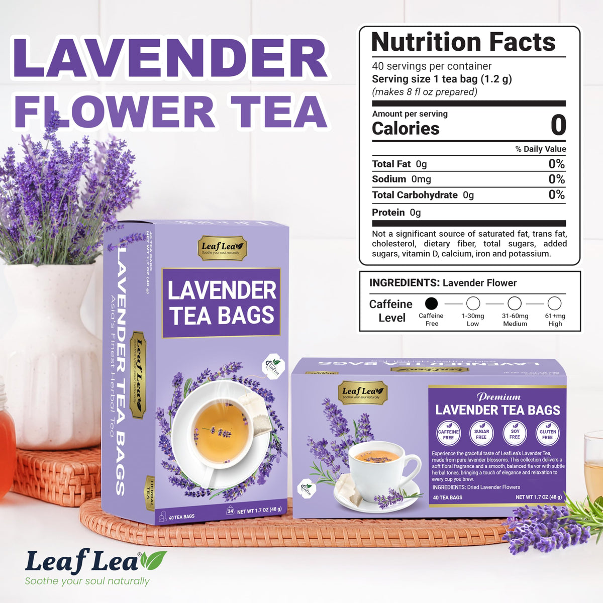 LeafLea 80 Premium Lavender Tea Bags – 100% Natural Lavender, Caffeine-Free, Nighttime Comfort
