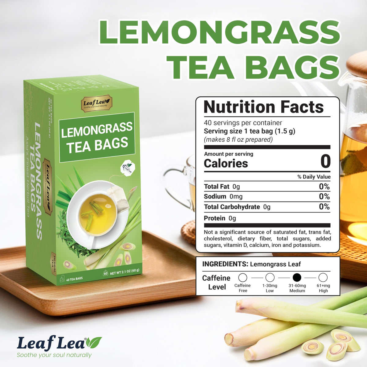 LeafLea 80 Premium Lemongrass Tea Bags – 100% Lemongrass, Caffeine-Free, Ind idually Wrapped