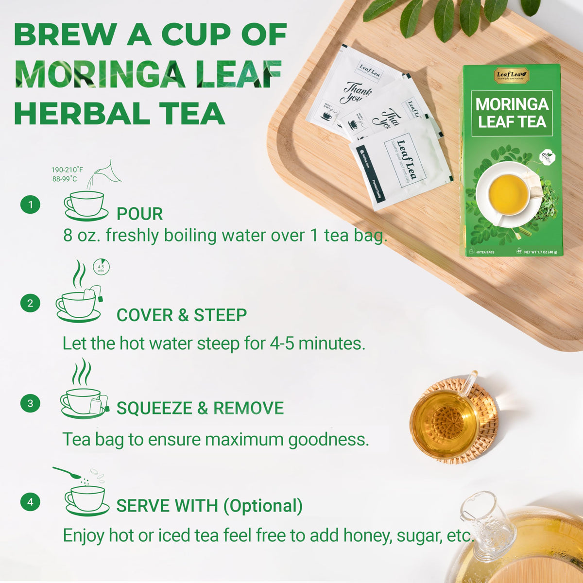 LeafLea Moringa Tea Bags - 80 Bags, Caffeine-Free Herbal Tea (Pack of 2)
