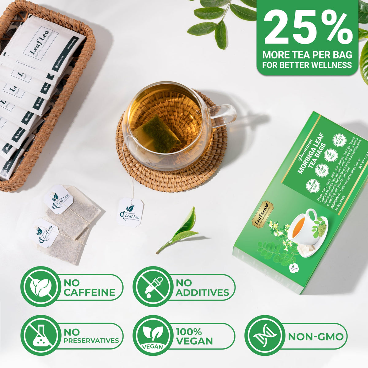 LeafLea Moringa Tea Bags - 80 Bags, Caffeine-Free Herbal Tea (Pack of 2)
