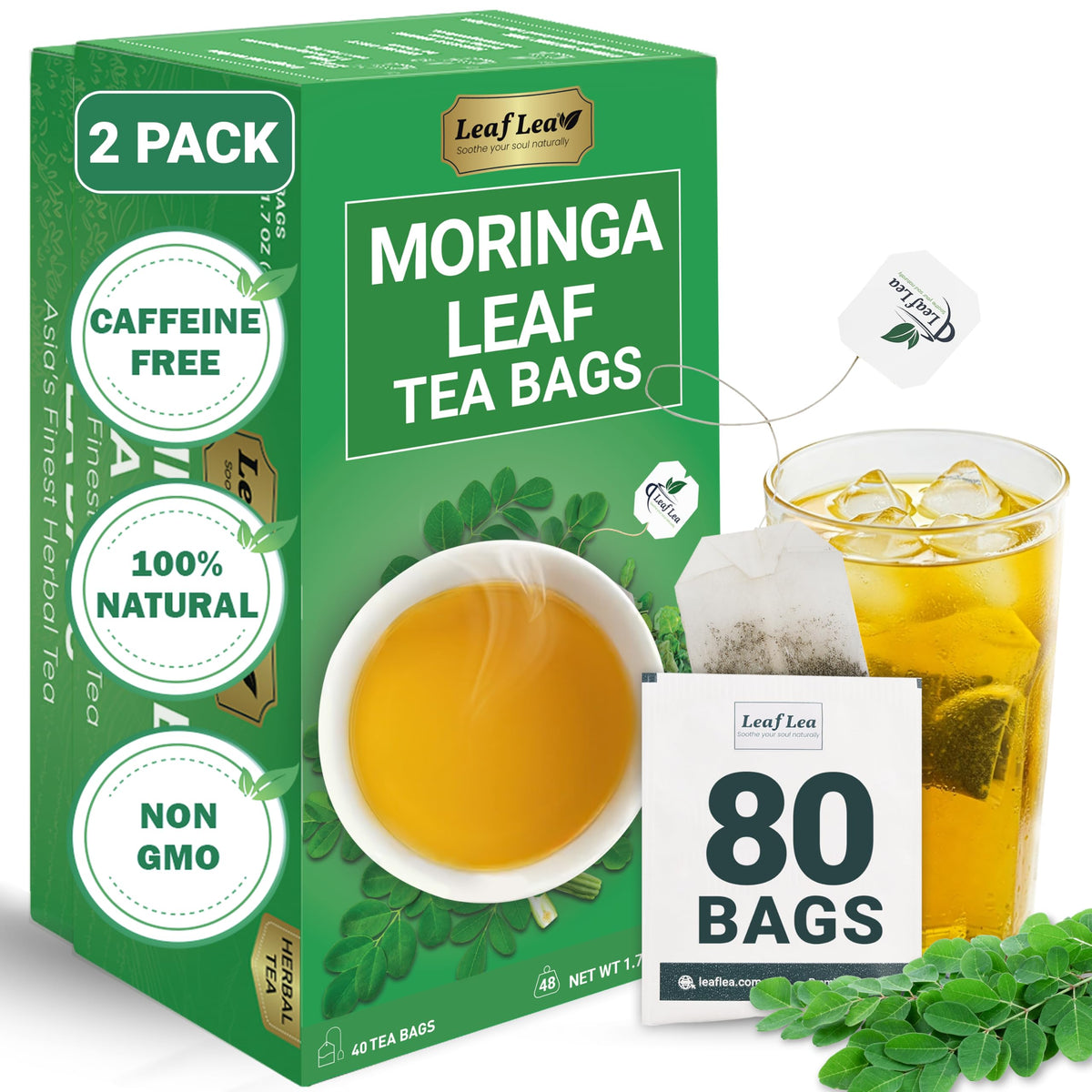 LeafLea Moringa Tea Bags - 80 Bags, Caffeine-Free Herbal Tea (Pack of 2)