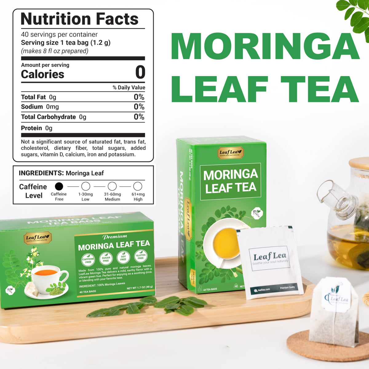 LeafLea Moringa Tea Bags - 80 Bags, Caffeine-Free Herbal Tea (Pack of 2)