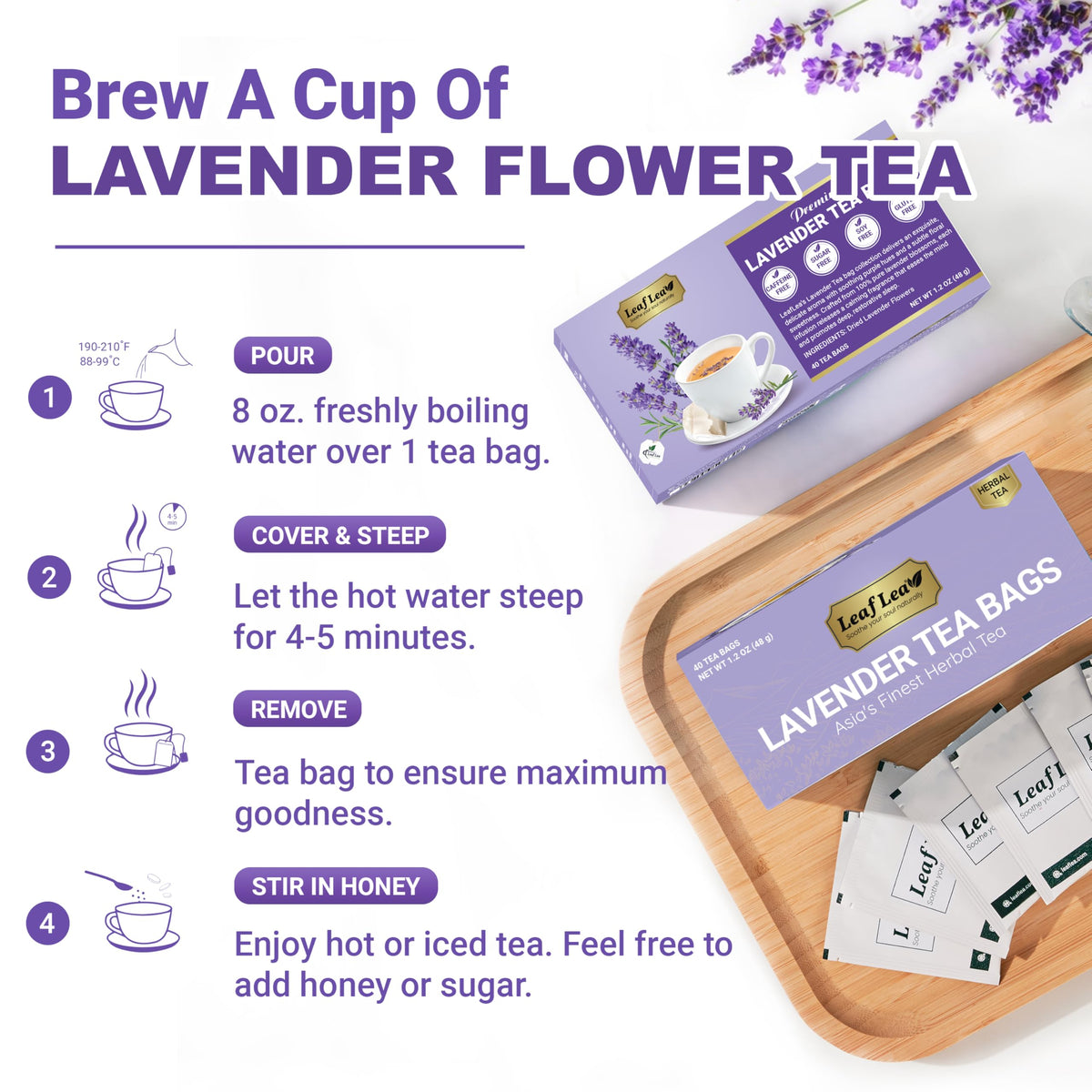 LeafLea 80 Premium Lavender Tea Bags – 100% Natural Lavender, Caffeine-Free, Nighttime Comfort