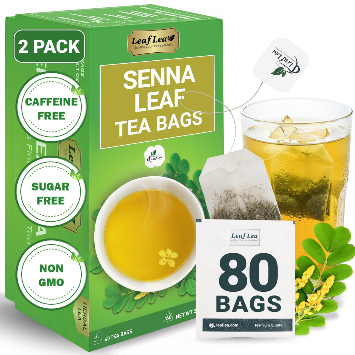 LeafLea 80 Senna Leaf Tea Bags – Natural Herbal Tea for Gentle Digestive Support