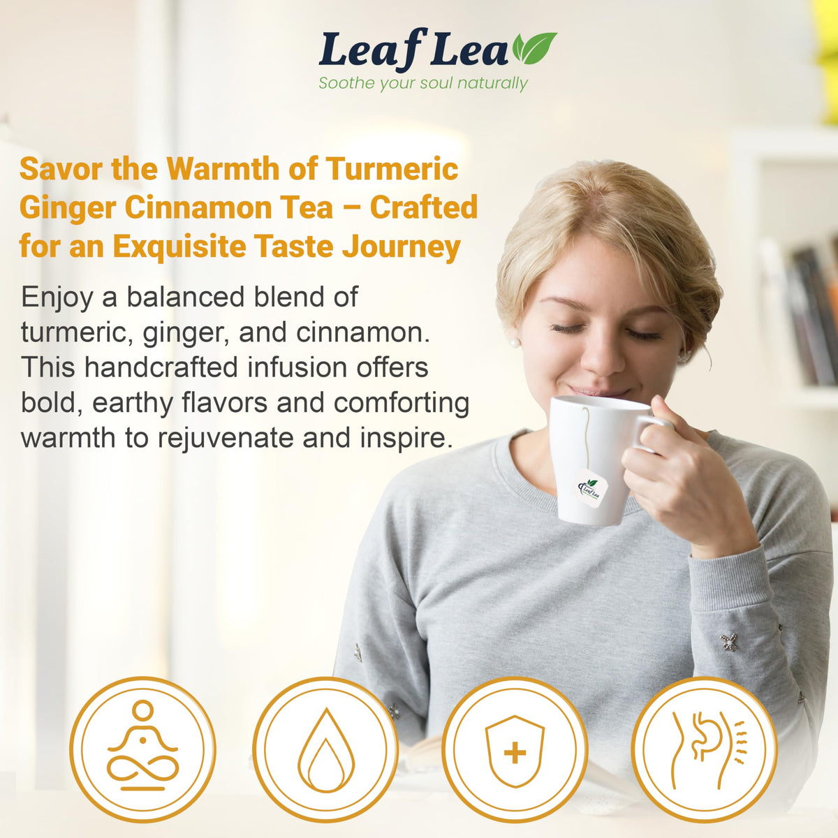 LeafLea Turmeric Tea with Ginger & Cinnamon | 80 Bags, Natural Herbal, Caffeine-Free