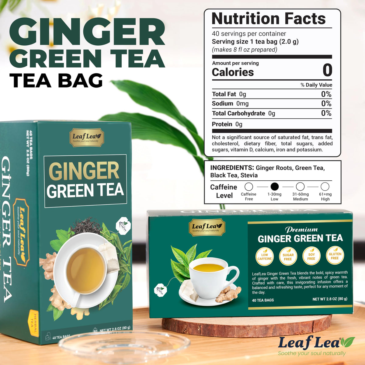 LeafLea Ginger Green Tea – 80 Bags (2 Packs) | Low Caffeine, Gluten-Free