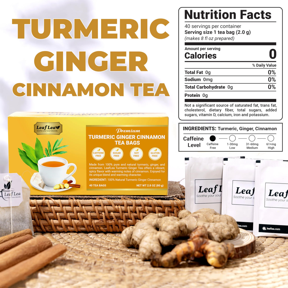 LeafLea Turmeric Tea with Ginger & Cinnamon | 80 Bags, Natural Herbal, Caffeine-Free