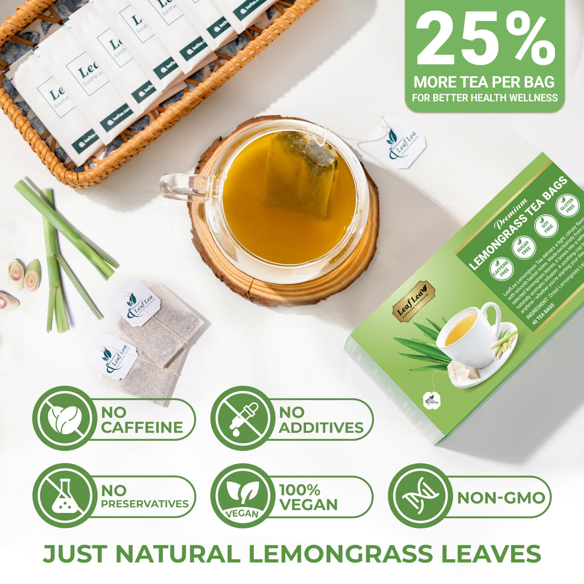 LeafLea 80 Premium Lemongrass Tea Bags – 100% Lemongrass, Caffeine-Free, Ind idually Wrapped