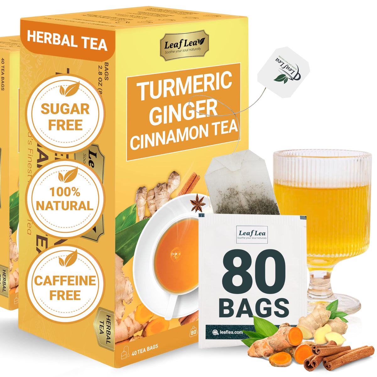 LeafLea Turmeric Tea with Ginger & Cinnamon | 80 Bags, Natural Herbal, Caffeine-Free