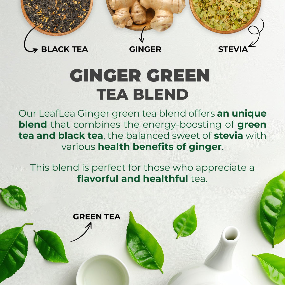 LeafLea Ginger Green Tea – 80 Bags (2 Packs) | Low Caffeine, Gluten-Free