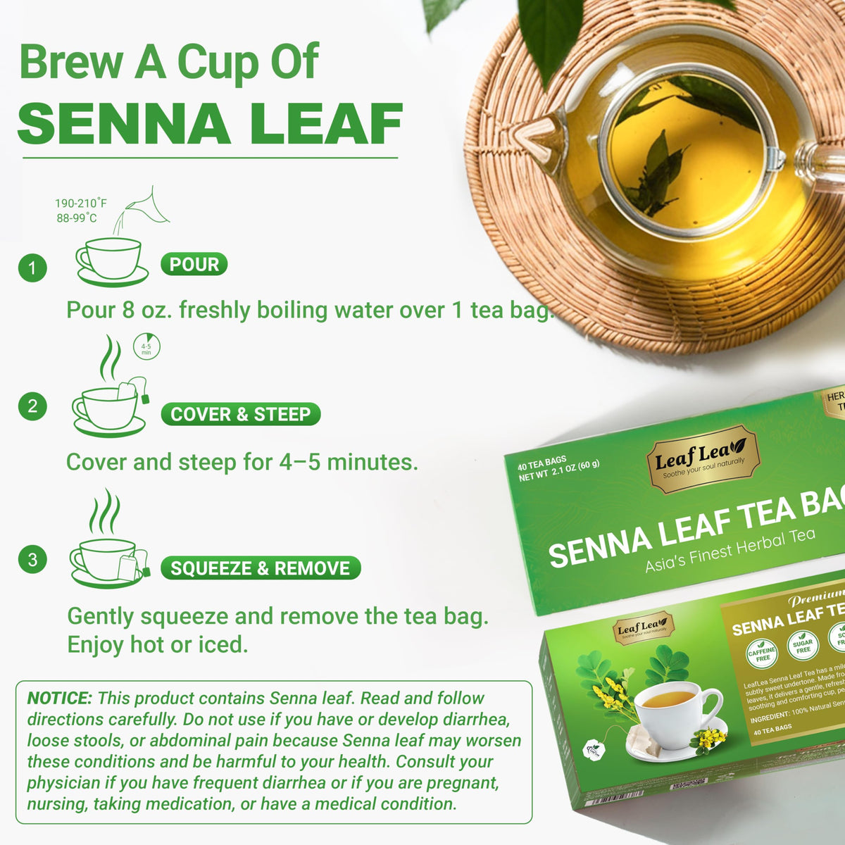 LeafLea 80 Senna Leaf Tea Bags – Natural Herbal Tea for Gentle Digestive Support
