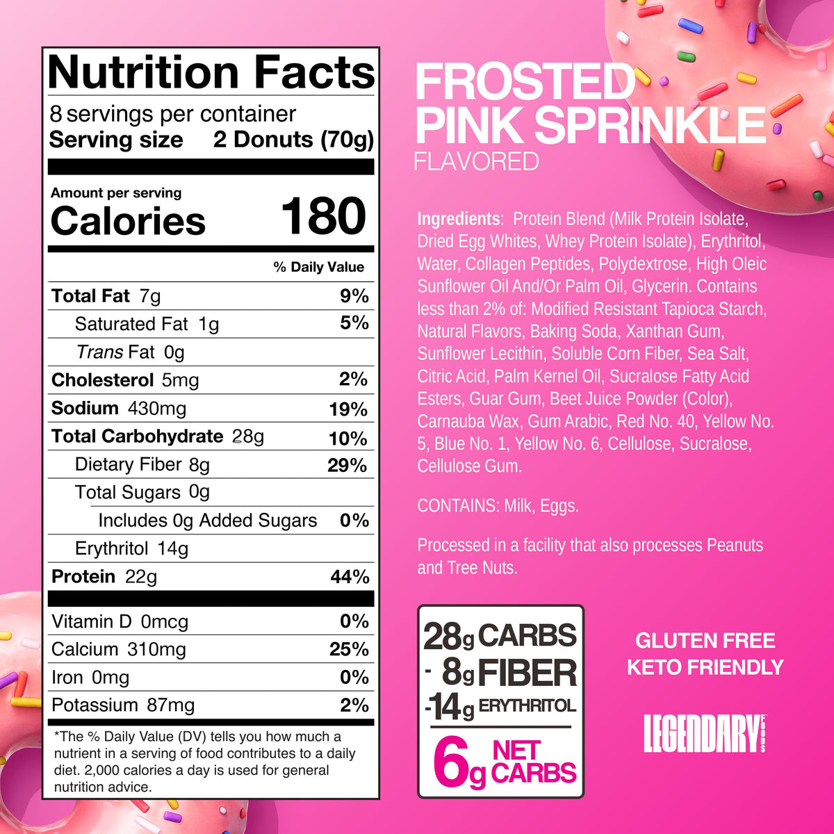 Legendary Foods Protein Donuts – 22g Protein, Zero Sugar, Gluten Free, Low Carb, Keto Snack – 8-Pack (Two Donuts/Pack)