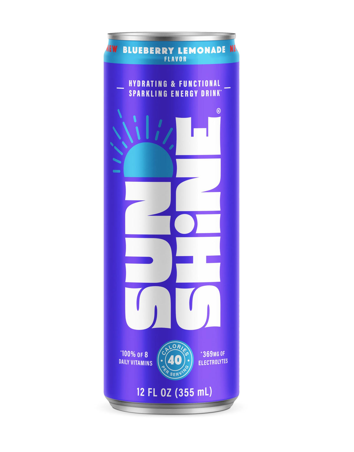 Legendary Sunshine Sparkling Energy Drink — Blueberry Lemonade, 360mg Electrolytes, 70mg Caffeine, 12-Pack