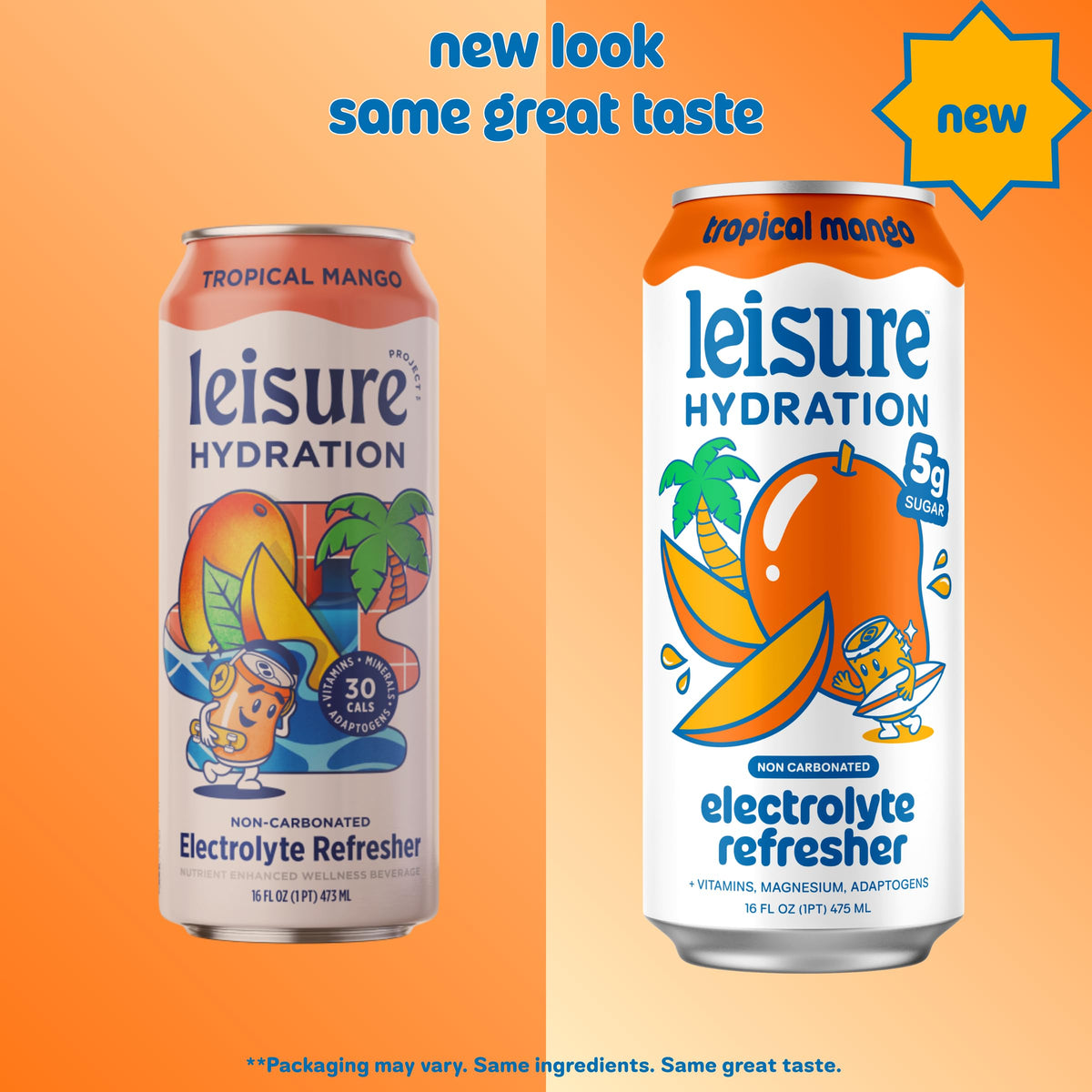 Leisure Hydration Non-Carbonated Electrolyte Refresher – Tropical Mango, Low Sugar, Magnesium & Ashwagandha (16 oz, 12-Pack)